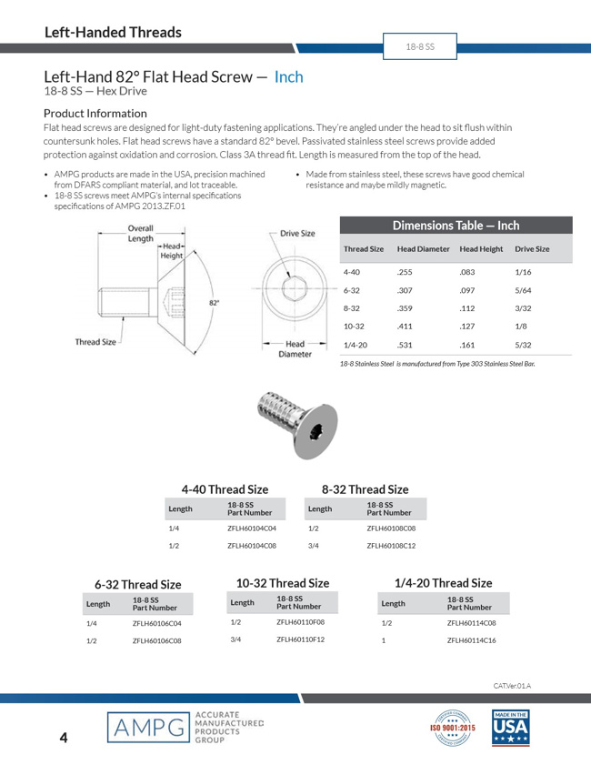 Hex Socket Flat Head Cap Screw - Left Hand, 82 Degree, 18-8