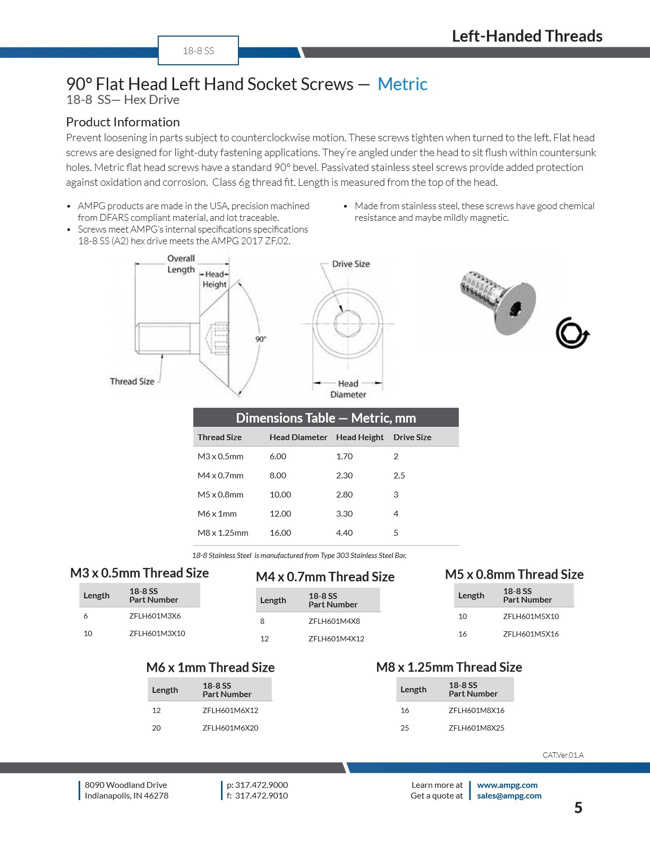 Hex Socket Flat Head Cap Screw - Left Hand, 90 Degree, 18-8