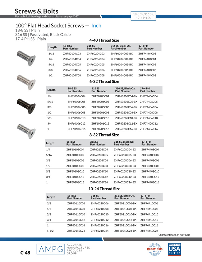 Hex Socket Flat Head Cap Screw - 100 Degree, 316/18-8/17-4 PH