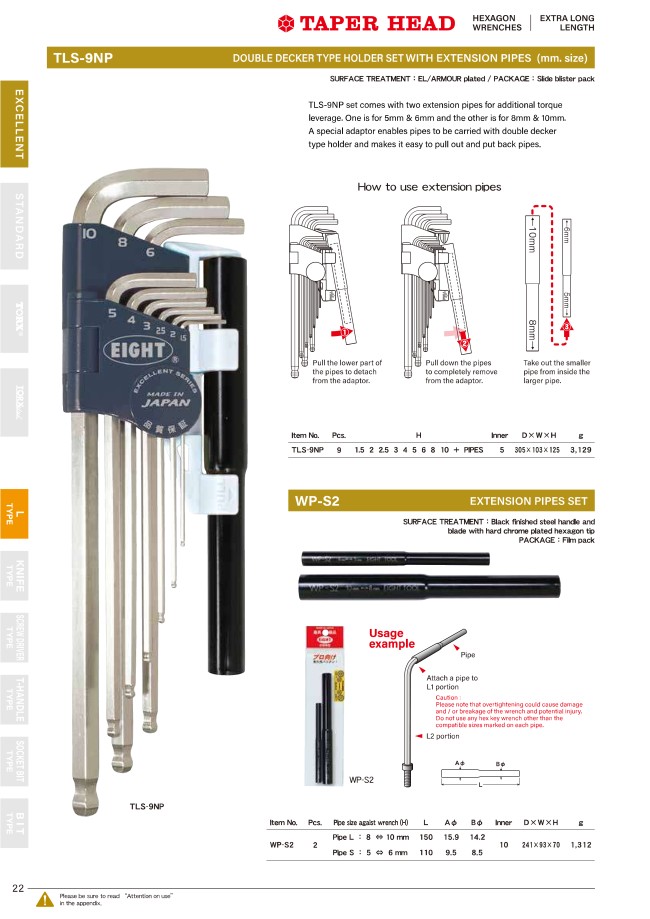 TLS-9NP | L-Shape Extra Long Tapered Head Ball End Hex Key