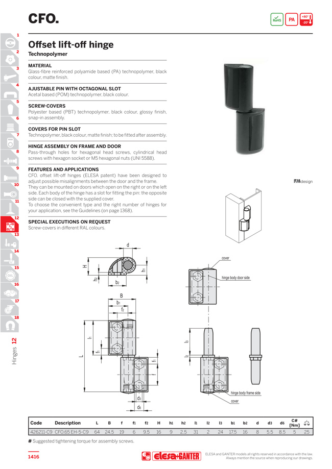 Offset Lift-off Hinge - Technopolymer, CFO Series | ELESA | MISUMI