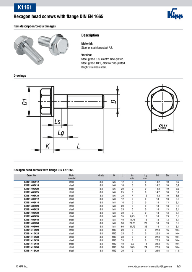 Hex Bolts - Steel or Stainless Steel with Flange EN 1665, K1161