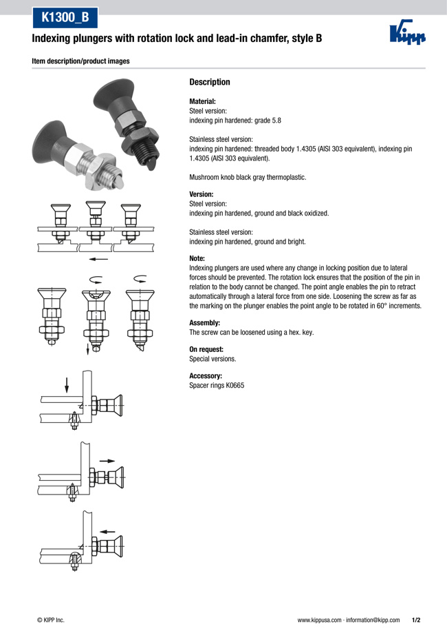 Indexing Plungers with Rotation Lock and Lead-in Chamfer, Form B, K1300 ...