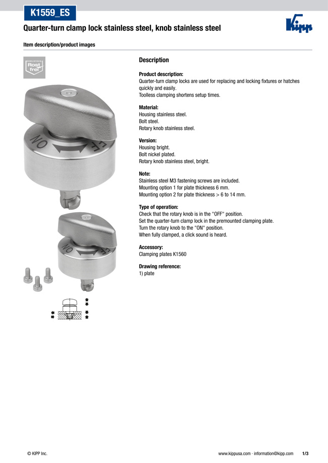 Quarter-Turn Clamp Locks - Stainless Steel, K1559 | Kipp | MISUMI