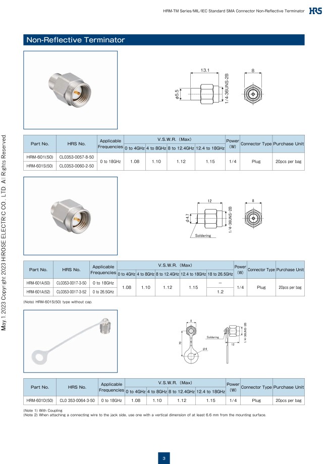 HRM様 Coaxial Connectors - SMA End Terminal, Reflective, HRM-TM