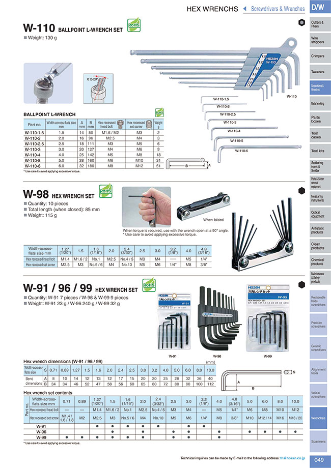Hex Key Set - L-Shaped, 7-Piece, 1.27 to 3.2 mm | Hozan | MISUMI