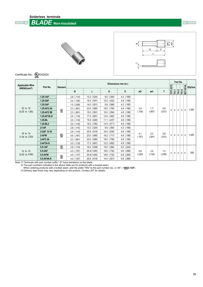 Crimp Terminal - Pin/Blade, Blade | JST | MISUMI