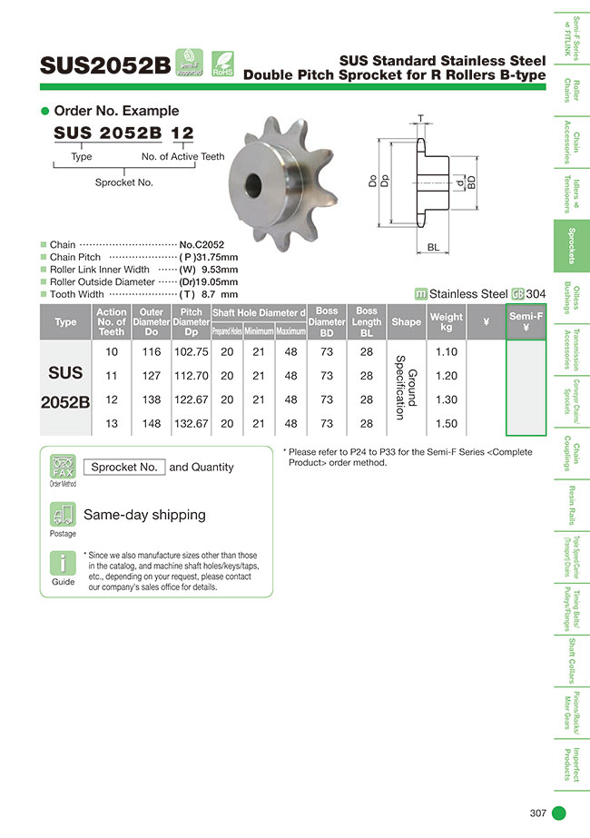 Roller Chain Sprockets - Stainless Steel, Double Pitch Chain, for