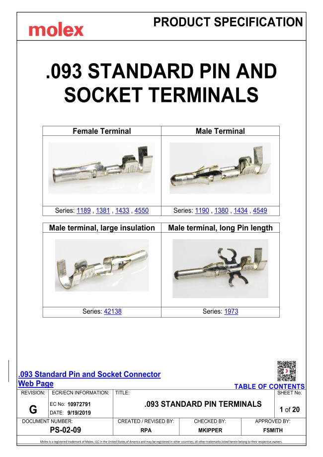 Contacts - Standard .093 Inch Connector, 1190/1380/1434 Series