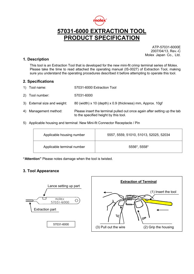 57031-6000 | Terminal Removal Tools - Extractor for Molex 5557