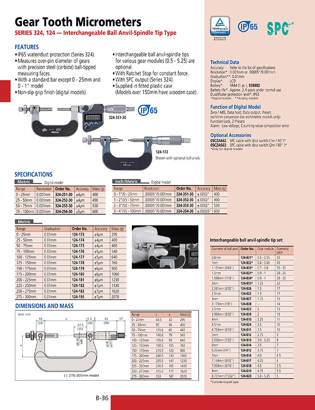 Micrometers - Gear Tooth Micrometer, Interchangeable Ball