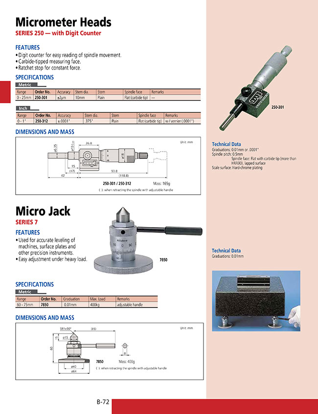 Mitutoyo 7850 Micro Jack Micrometer Head, 60-75mm Range, 0.01mm Graduation