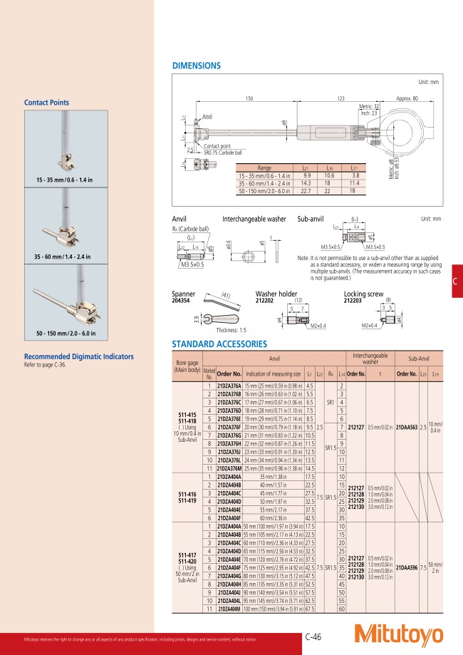 Inside Micrometer Accessories - Anvil, Series 511 | MITUTOYO