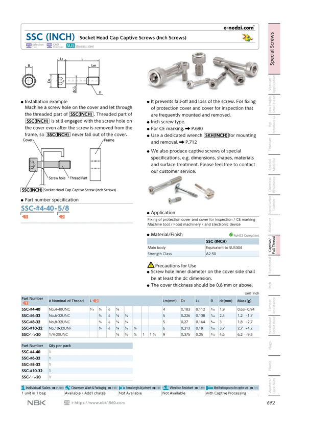 seiページ Captive Screws - Hex Socket Head Cap, Stainless Steel, SSC