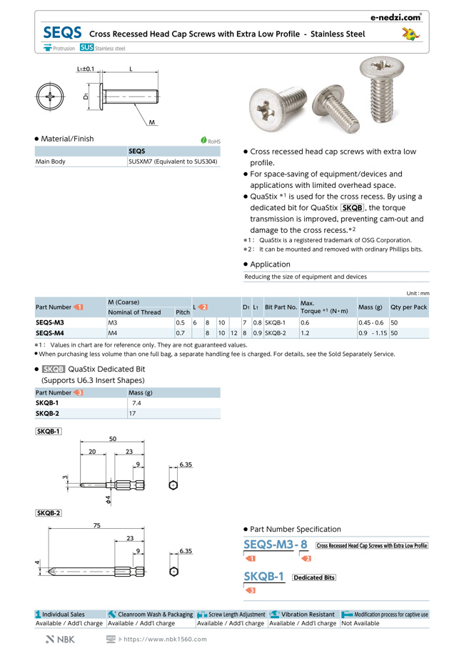 Extra Low Profile Machine Screw - Stainless Steel, SEQS | NBK | MISUMI