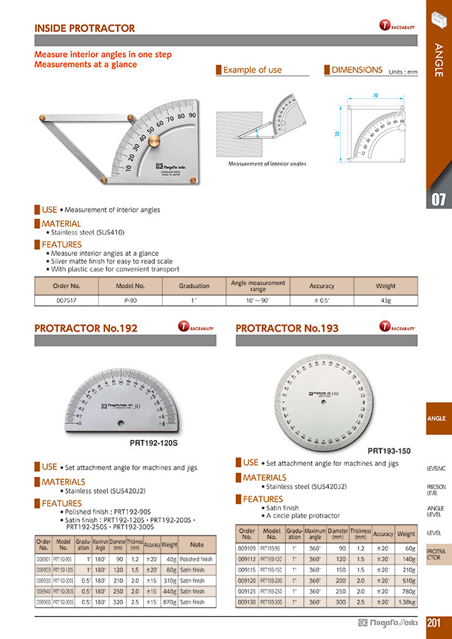Protractors - 0 to 180°, Analog, Stainless Steel, No. 192