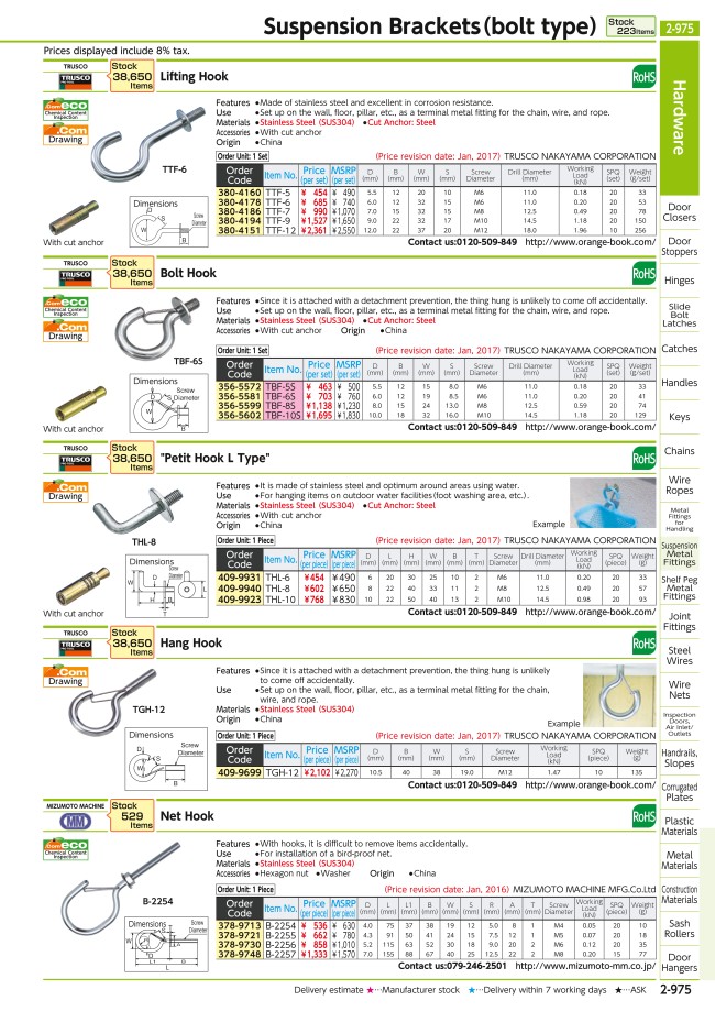 TBF10S | Hanging and Mounting Hardware - Hook, Bolt, Stainless Steel | Trusco Nakayama | MISUMI TBF10S | Hanging and Mounting Hardware - Hook, Bolt, Stainless Steel | Trusco Nakayama | MISUMI